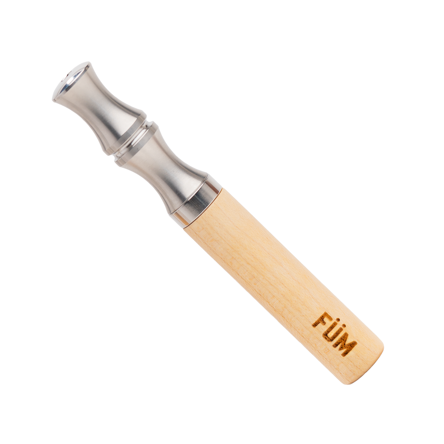 A flavored air device with a maple barrel and stainless steel mouthpiece, branded with the name 'FÜM'.