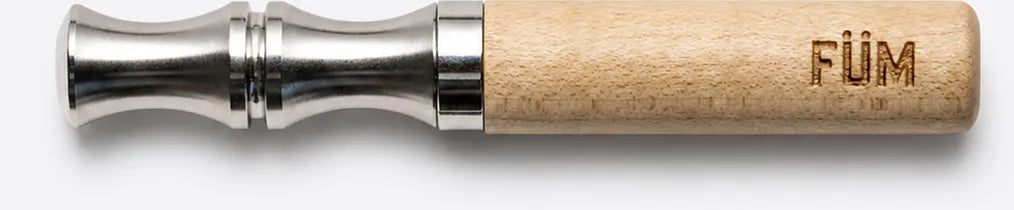 Wooden tool handle with metal ferrule and 'FUM' branding on a white background